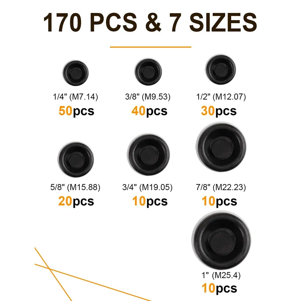 170PCS Rubber Grommet Firewall Hole Plug Kit - 7 Sizes for Wiring & Drilling Projects