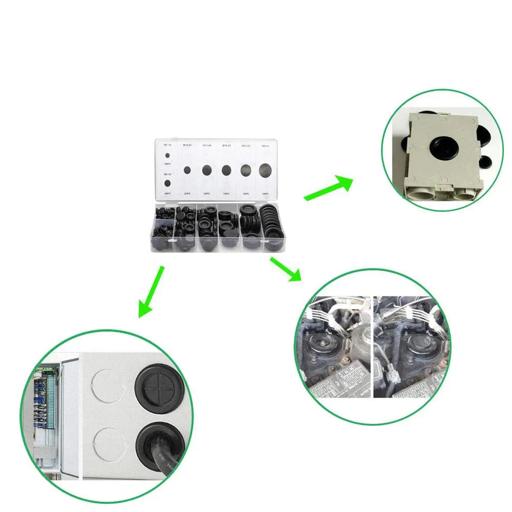 170PCS Rubber Grommet Firewall Hole Plug Kit - 7 Sizes for Wiring & Drilling Projects