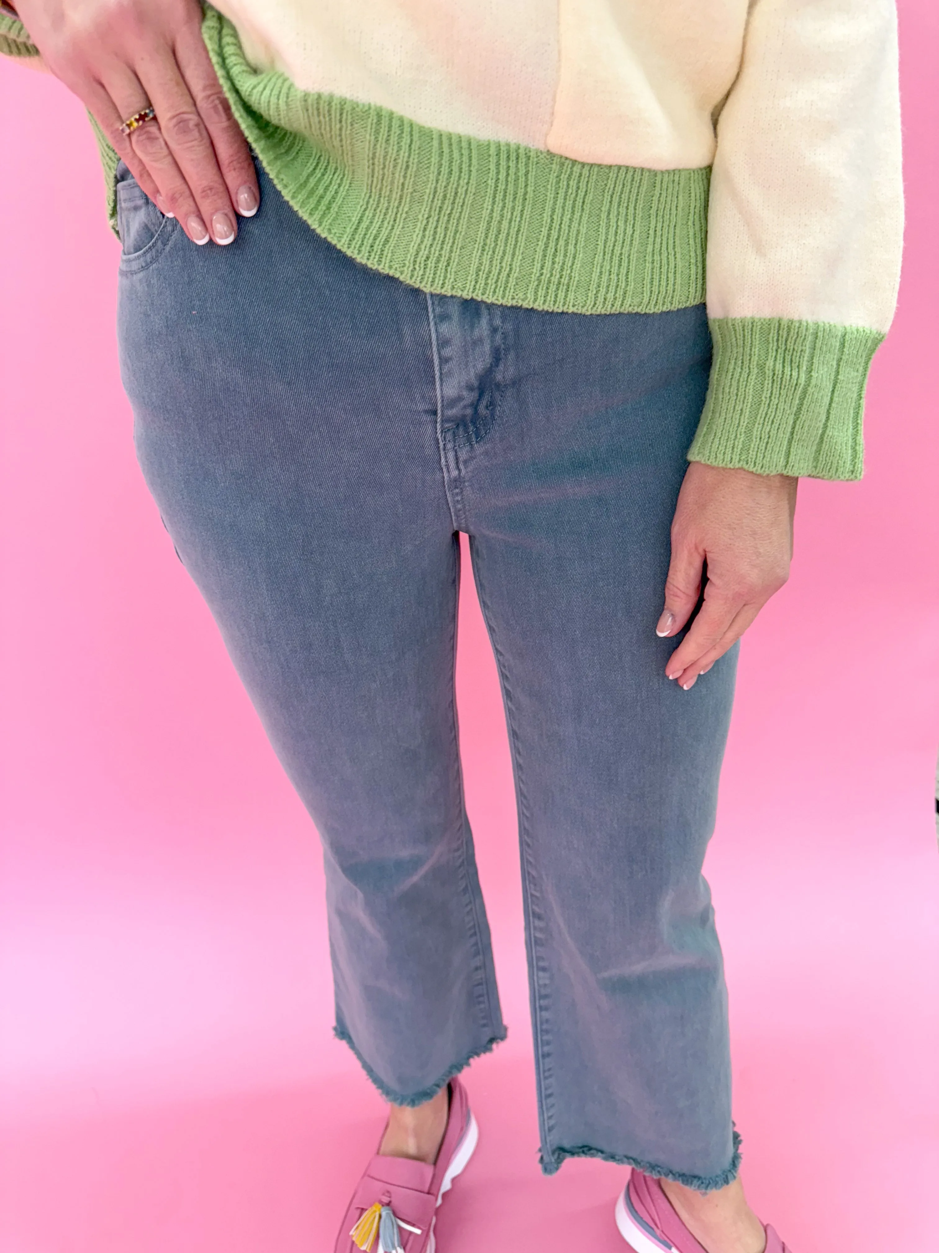 Acid Wash Crop Straight Pant - Teal