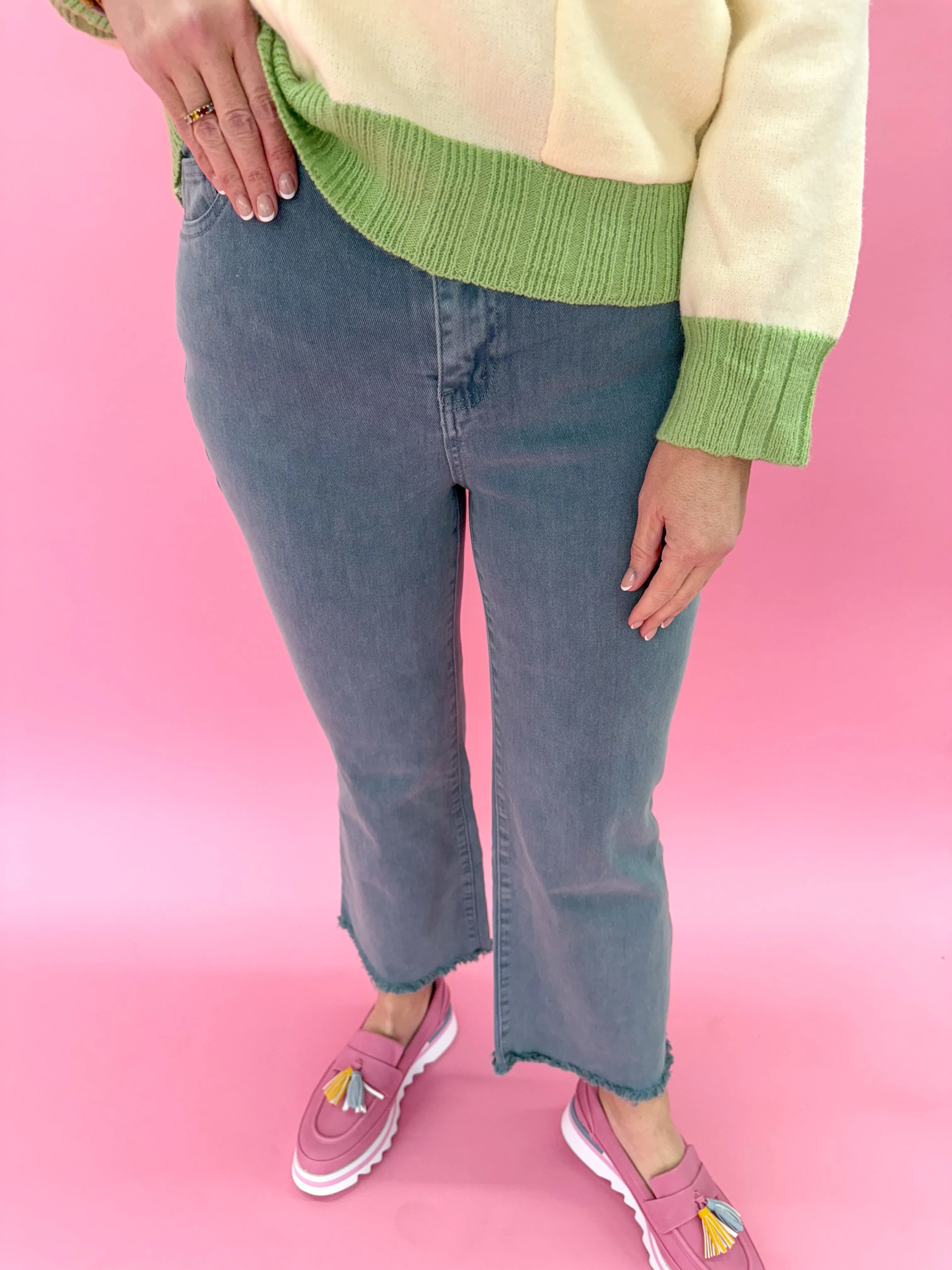 Acid Wash Crop Straight Pant - Teal