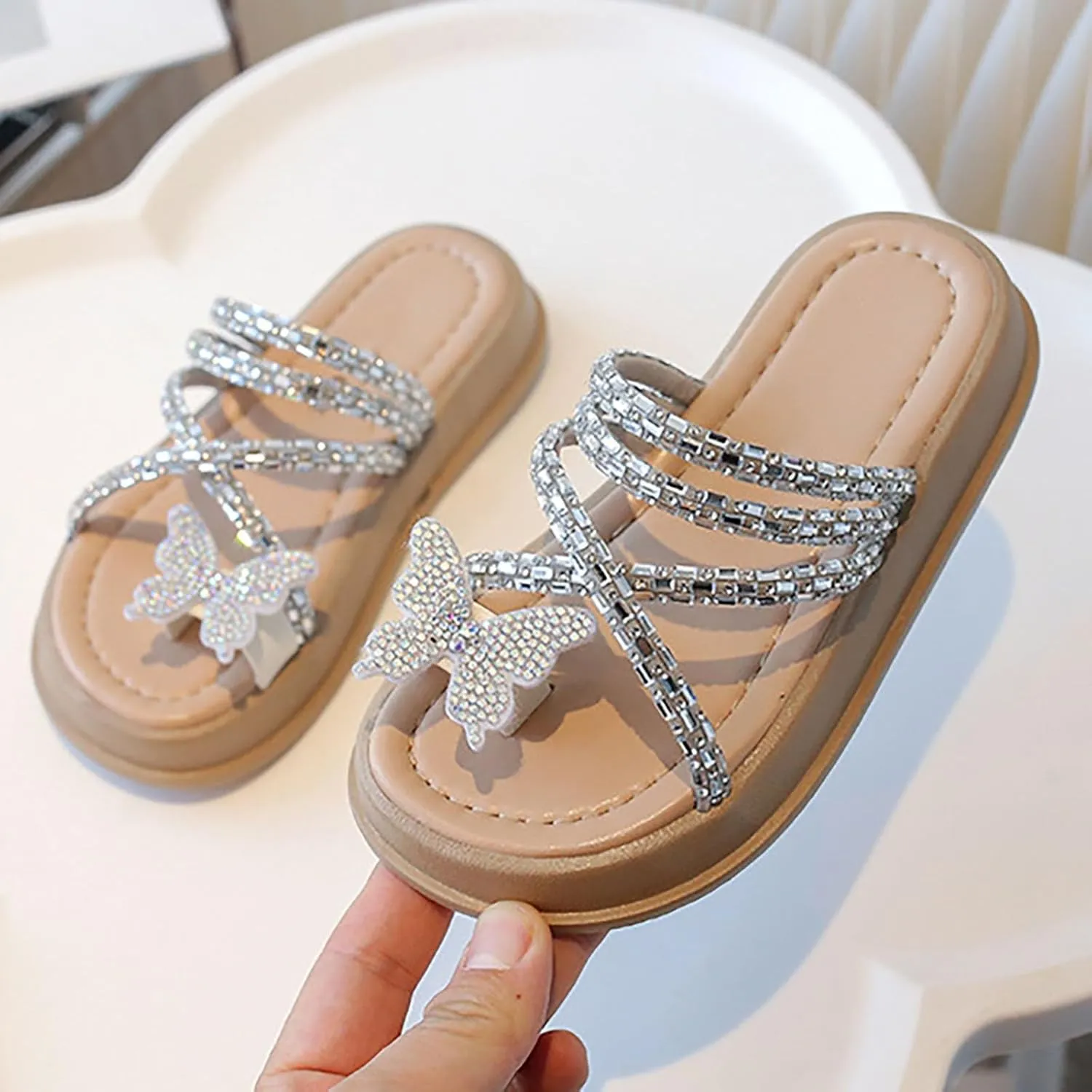 Baby Girls Flat Open Toe Sandals Slipper Bow Glitter Indoor Summer Wide Shoes Sole Rubber Beach Pool Breathable Shoes