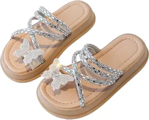 Baby Girls Flat Open Toe Sandals Slipper Bow Glitter Indoor Summer Wide Shoes Sole Rubber Beach Pool Breathable Shoes
