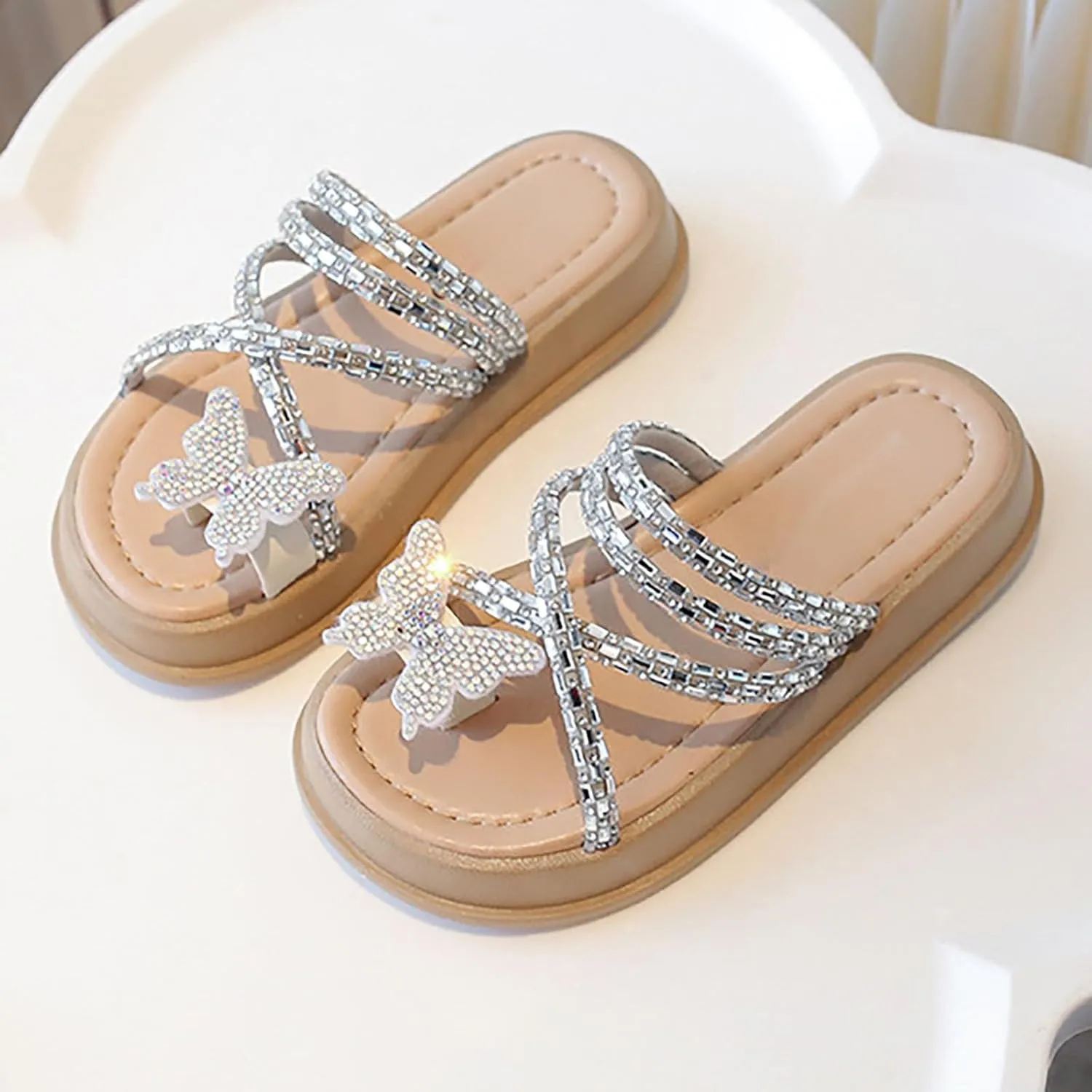 Baby Girls Flat Open Toe Sandals Slipper Bow Glitter Indoor Summer Wide Shoes Sole Rubber Beach Pool Breathable Shoes