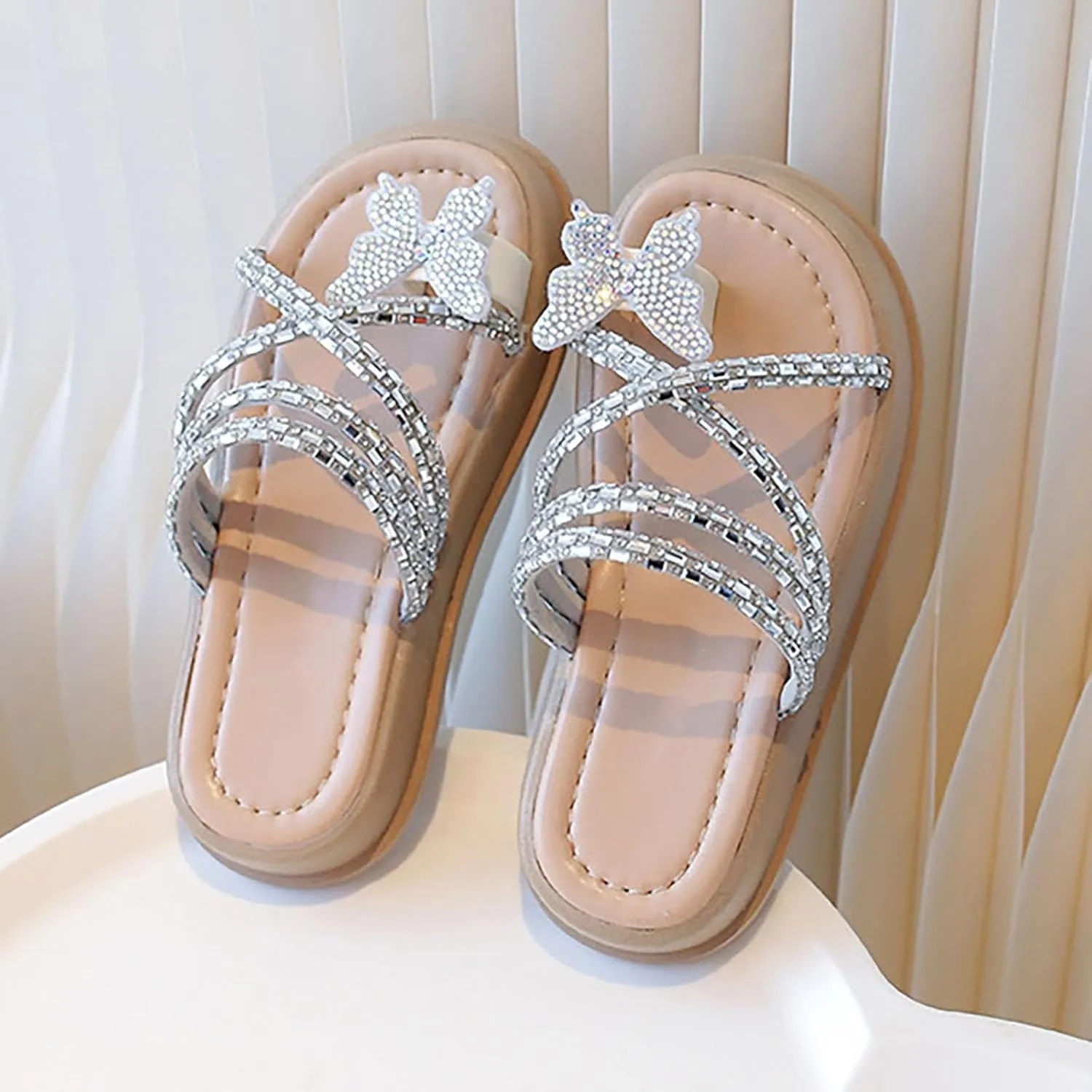 Baby Girls Flat Open Toe Sandals Slipper Bow Glitter Indoor Summer Wide Shoes Sole Rubber Beach Pool Breathable Shoes
