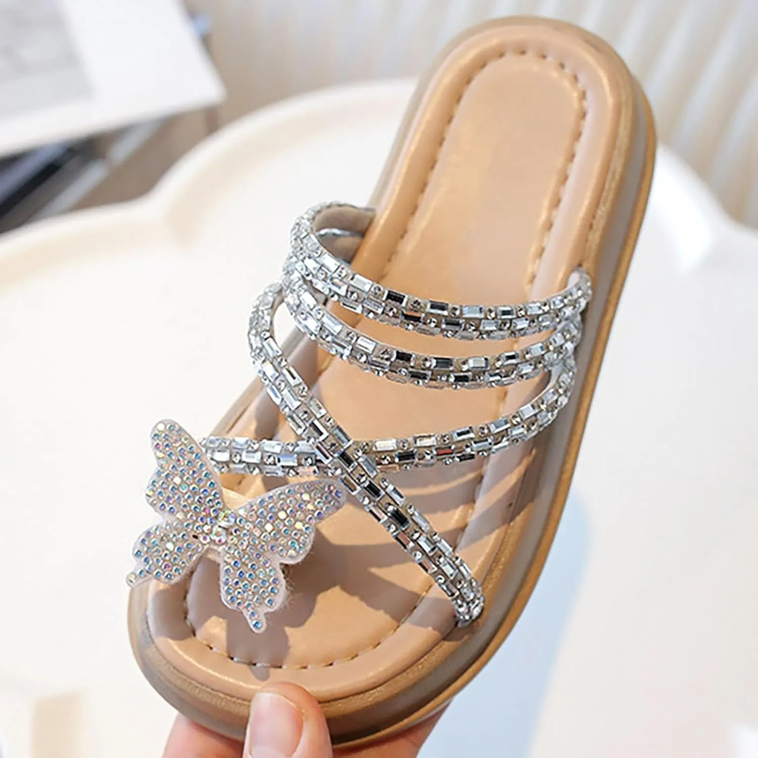 Baby Girls Flat Open Toe Sandals Slipper Bow Glitter Indoor Summer Wide Shoes Sole Rubber Beach Pool Breathable Shoes