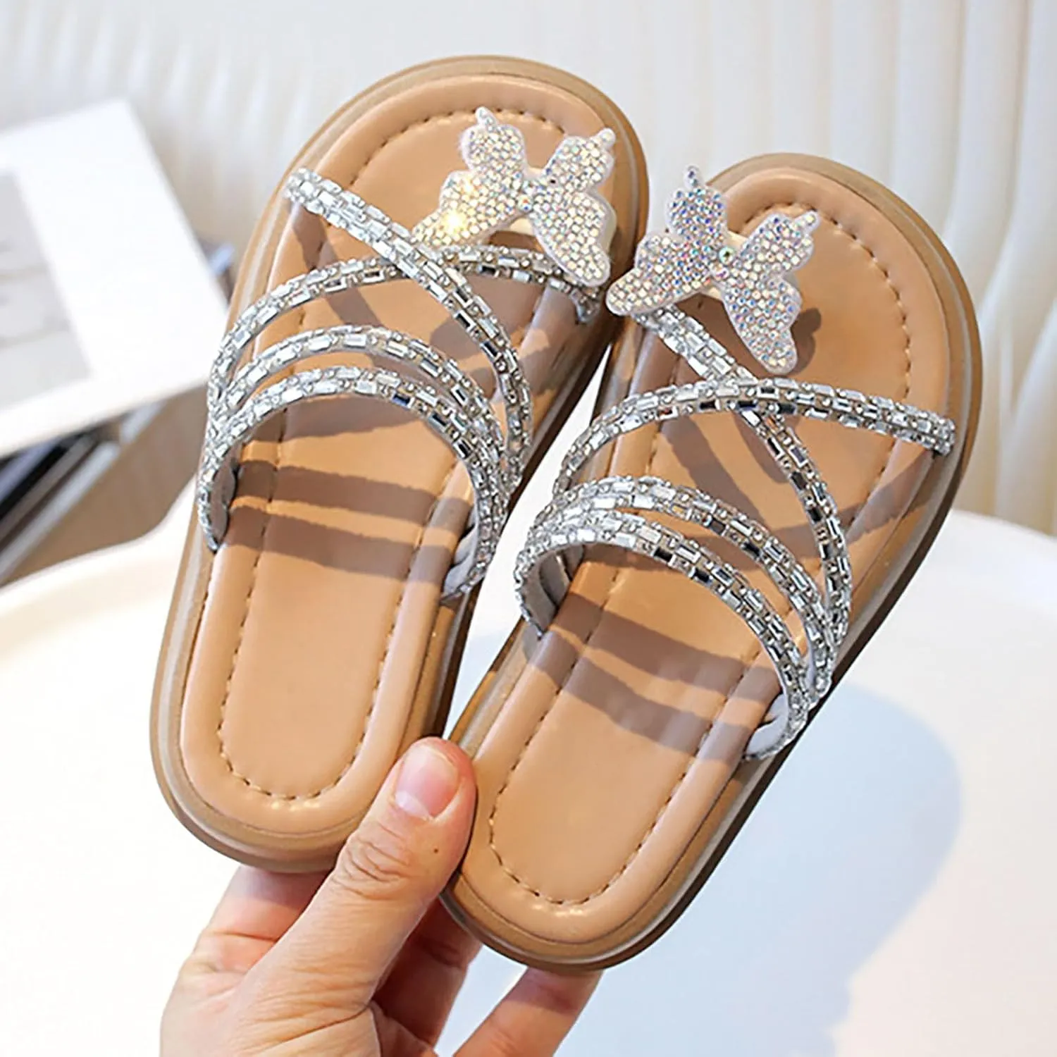 Baby Girls Flat Open Toe Sandals Slipper Bow Glitter Indoor Summer Wide Shoes Sole Rubber Beach Pool Breathable Shoes