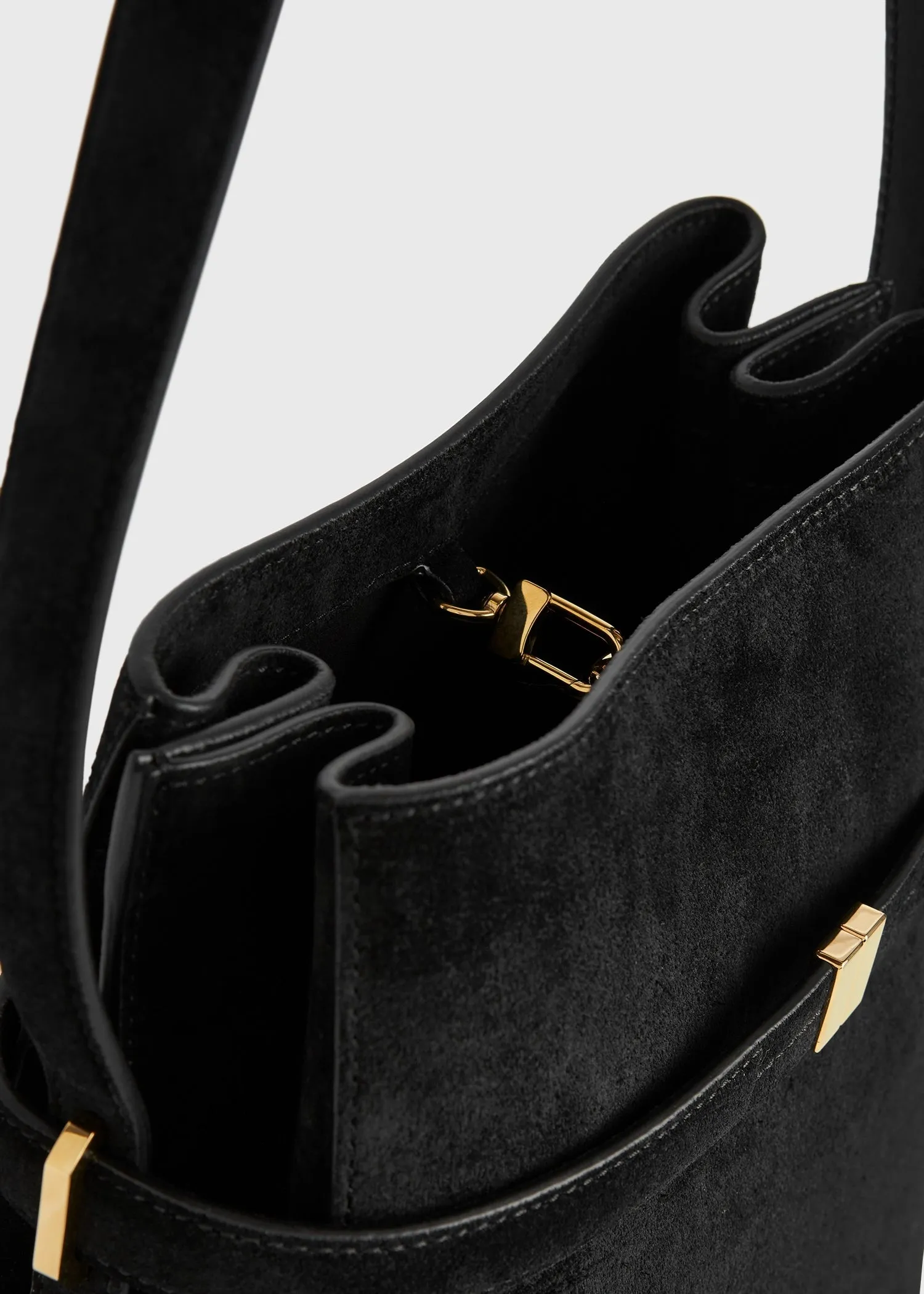 Belted suede bucket bag black