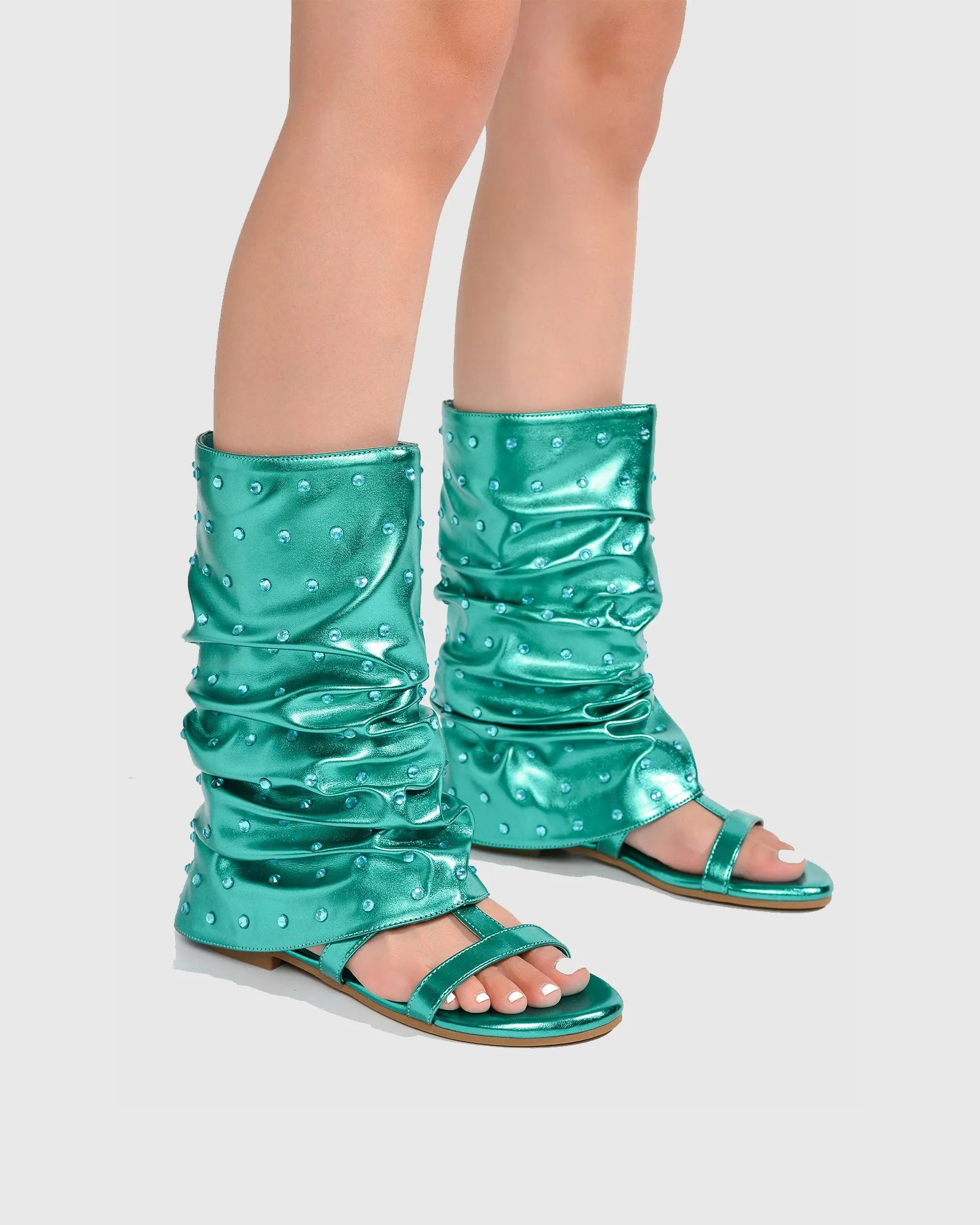 Bionda Rhinestone Ruched Sandals In Green