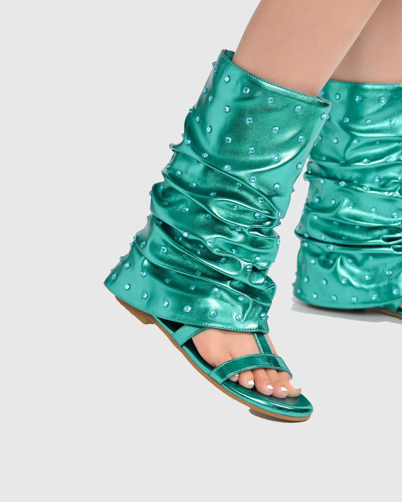 Bionda Rhinestone Ruched Sandals In Green