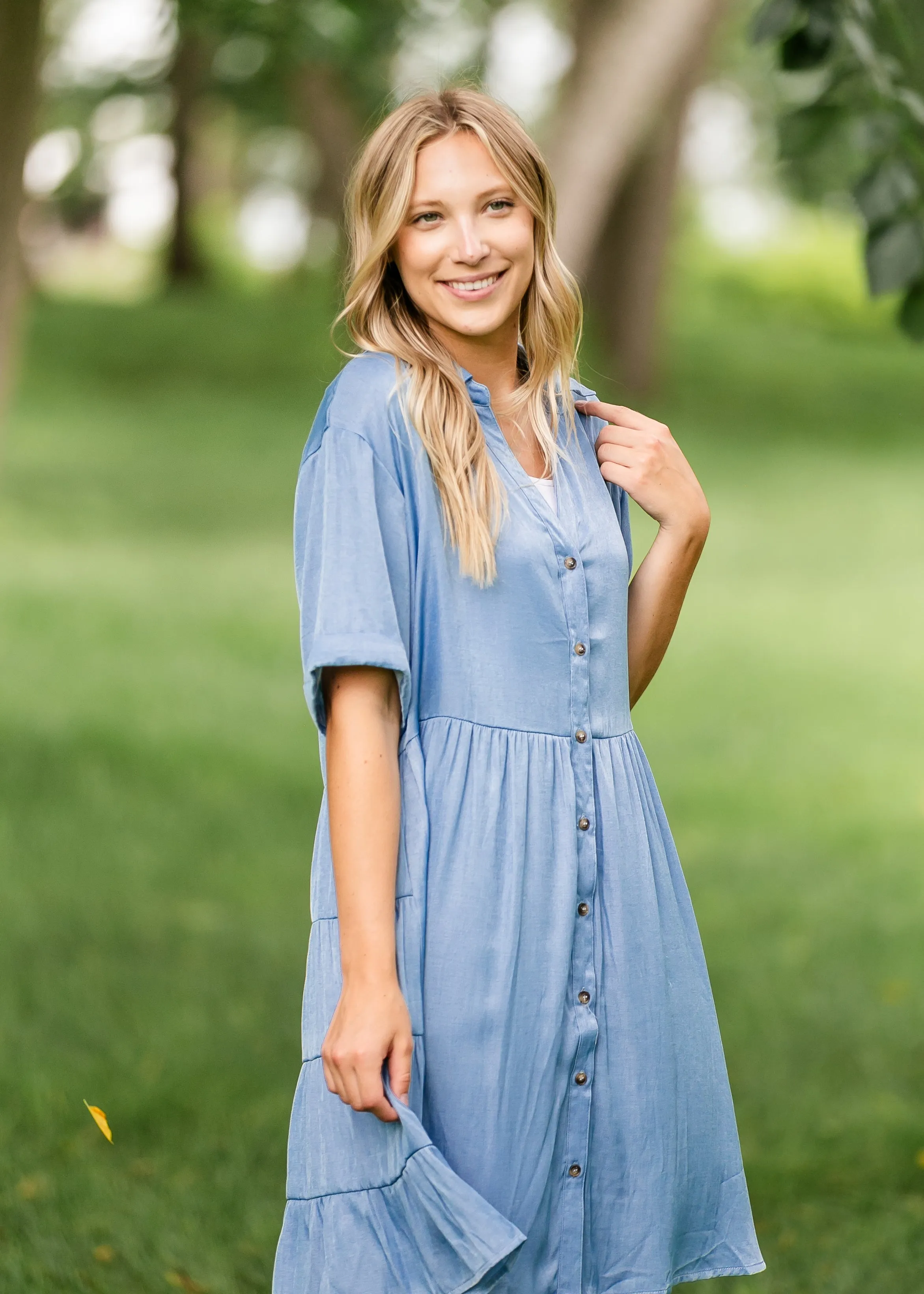 Brenna Chambray Tiered Shirt Midi Dress