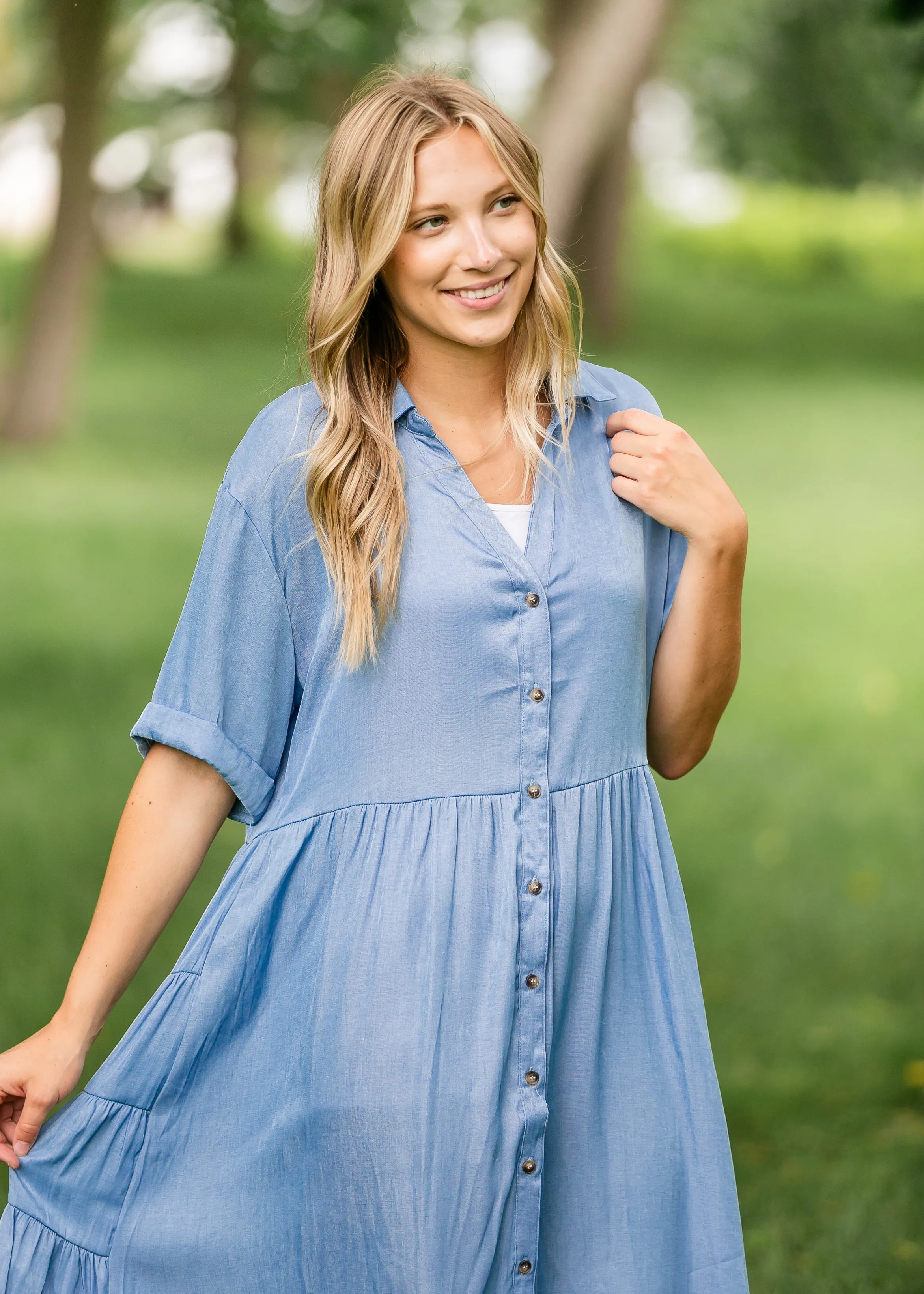 Brenna Chambray Tiered Shirt Midi Dress