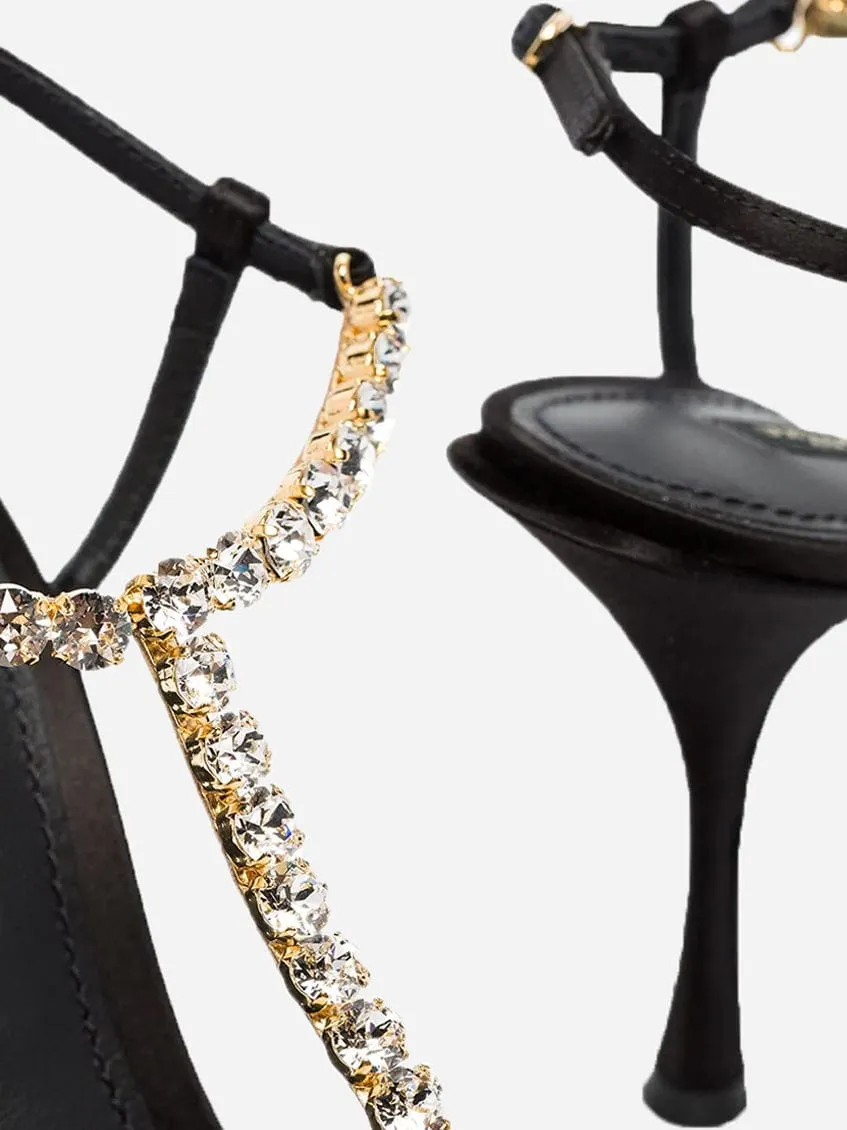 Chain-Trimmed Silk-Satin T-Bar Sandals