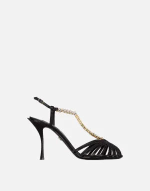 Chain-Trimmed Silk-Satin T-Bar Sandals