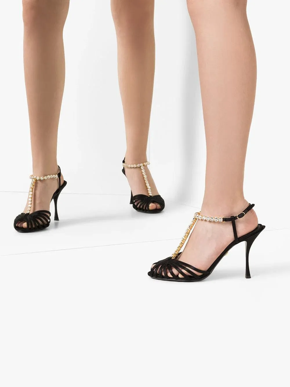 Chain-Trimmed Silk-Satin T-Bar Sandals