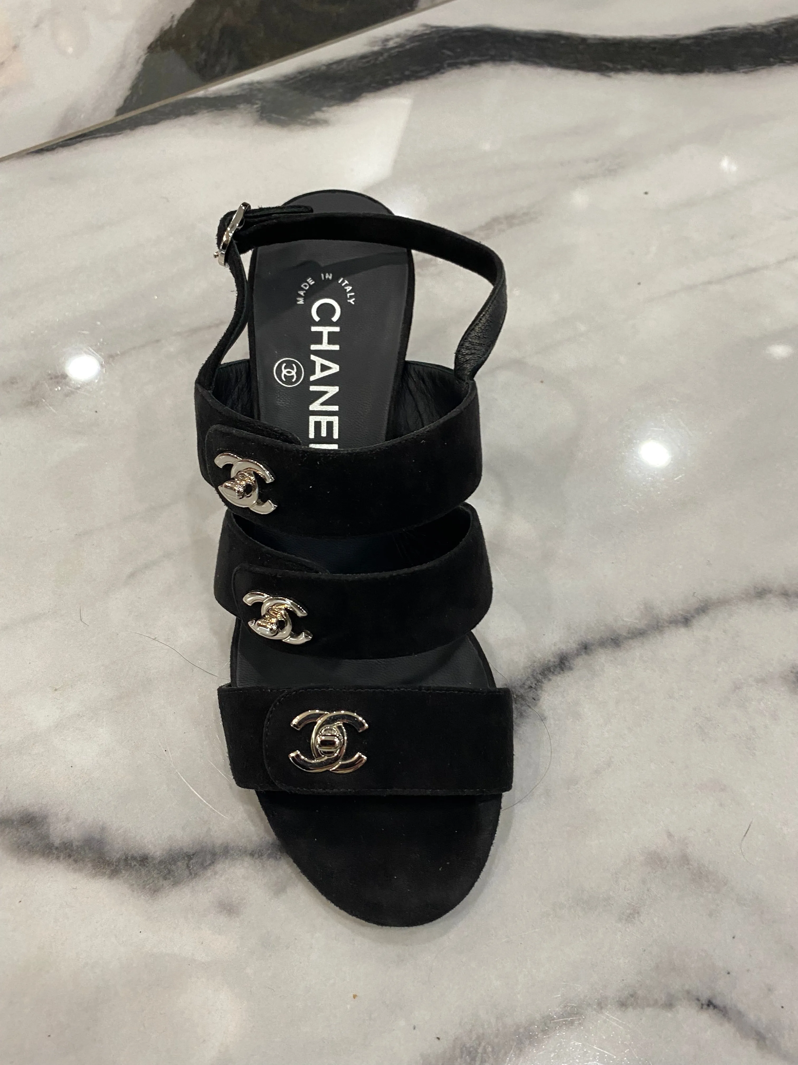 CHANEL CC TURLOCK SUEDE SANDALS