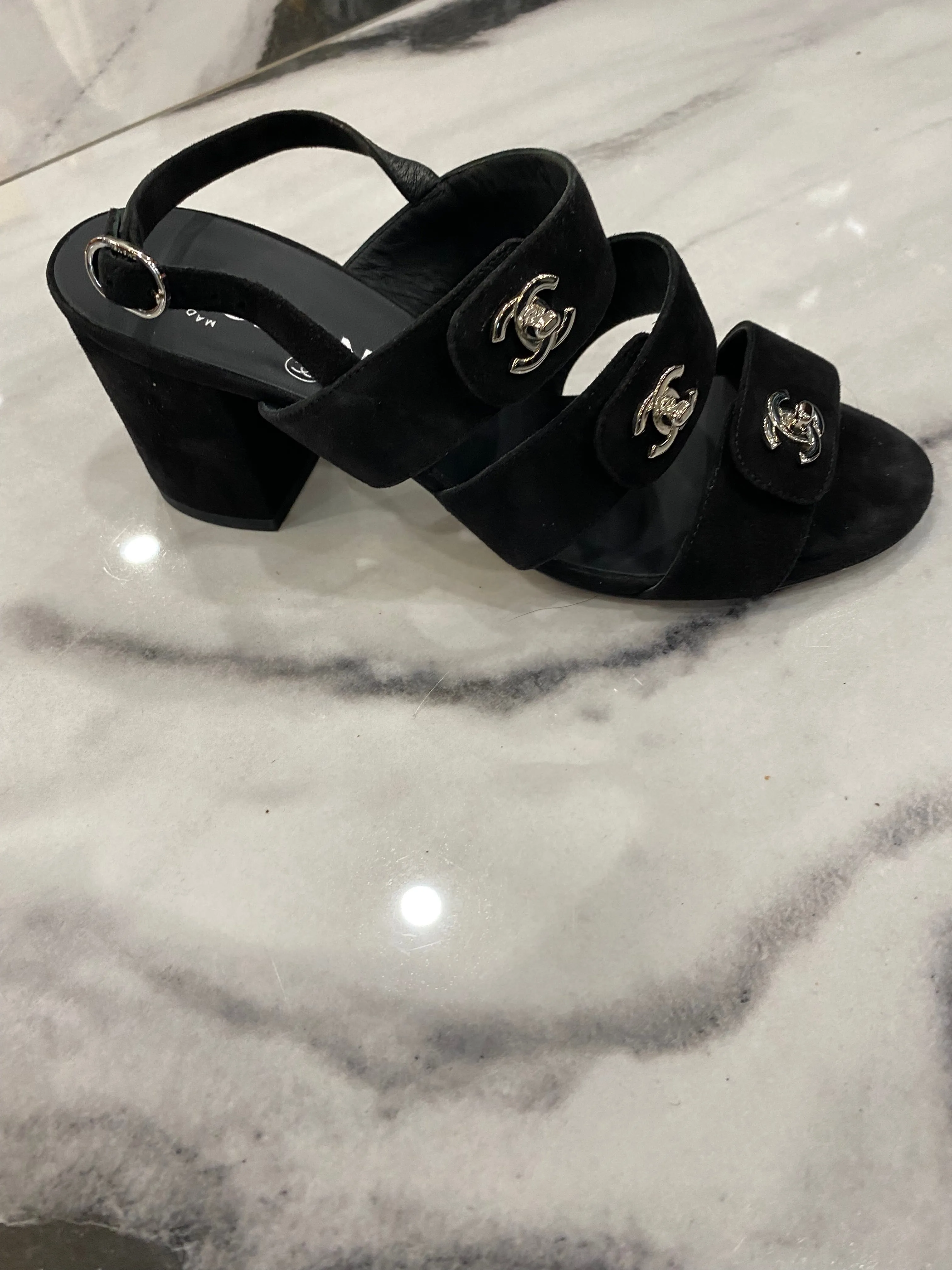 CHANEL CC TURLOCK SUEDE SANDALS