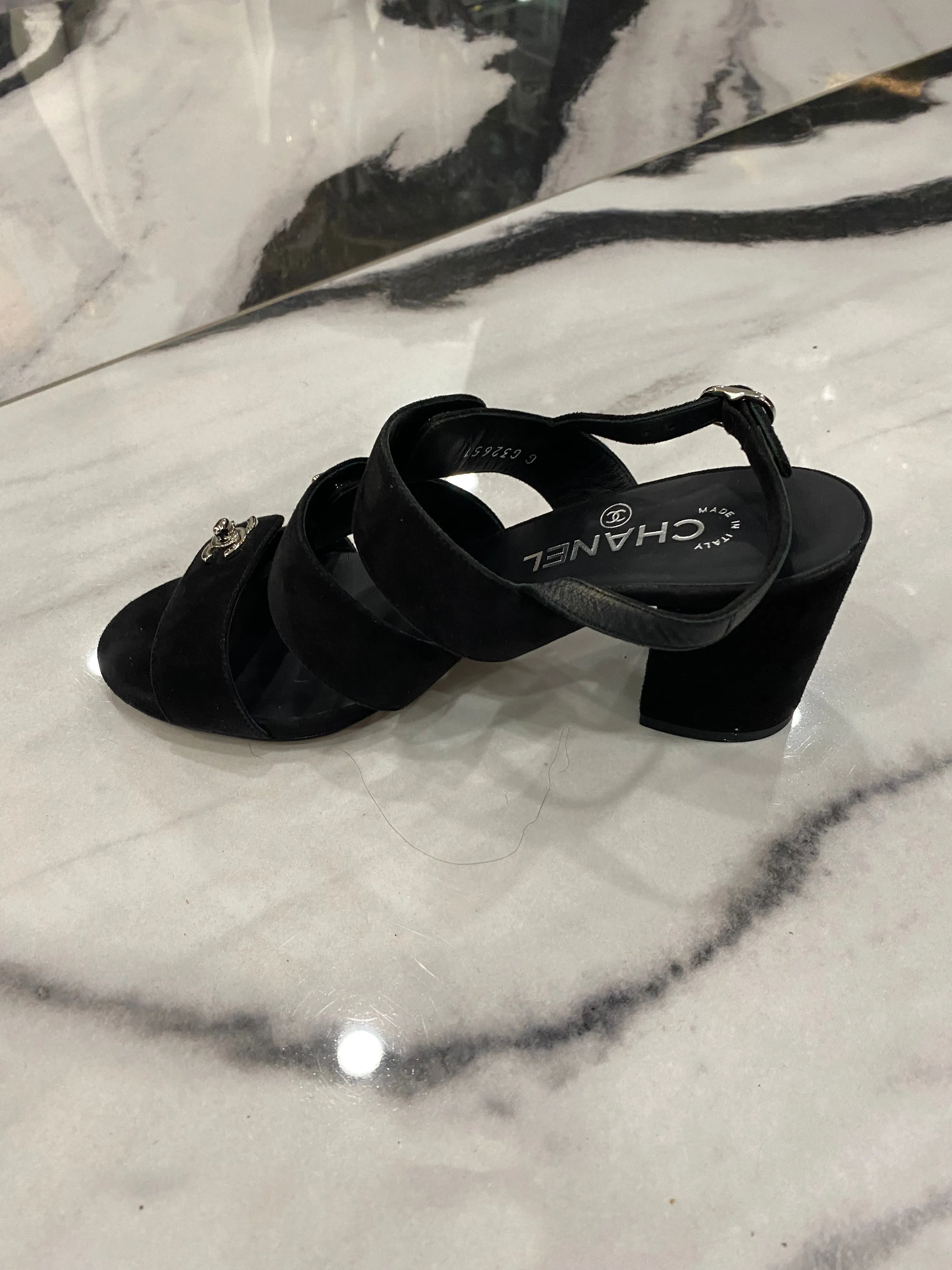CHANEL CC TURLOCK SUEDE SANDALS