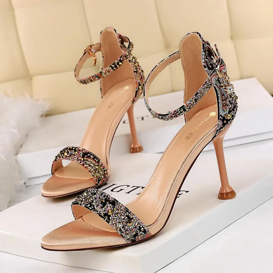 Chicvane Floral Print with Sequined Pointed Toe Stiletto Heel Bridal Shoes