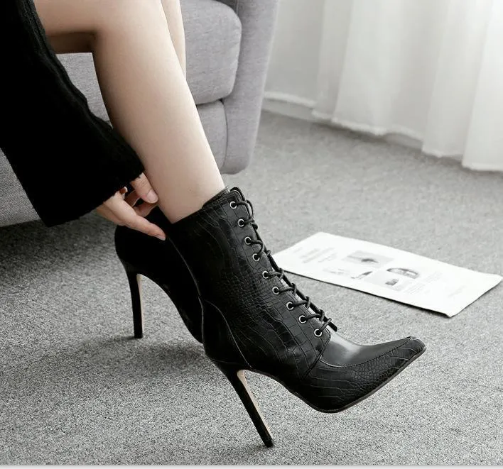 Chicvane Snakeskin Lace Up Pointed Toe Stiletto Heel Mid Calf Boots For Women