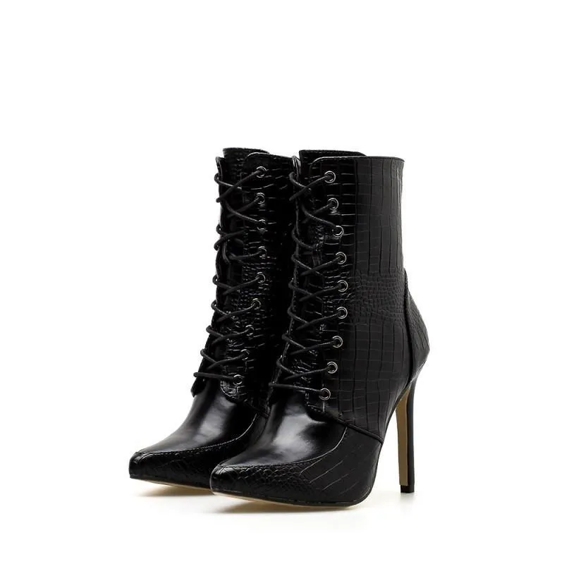 Chicvane Snakeskin Lace Up Pointed Toe Stiletto Heel Mid Calf Boots For Women