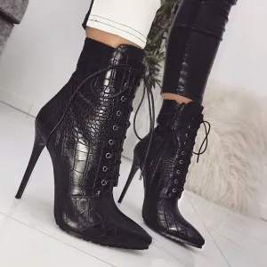 Chicvane Snakeskin Lace Up Pointed Toe Stiletto Heel Mid Calf Boots For Women