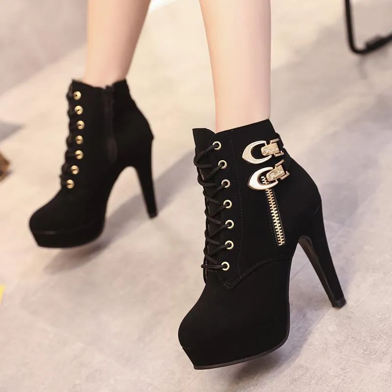 Chicvane Womens Platform Stiletto High Heels Martin Boots Lace Up Zipper Ankle Booties