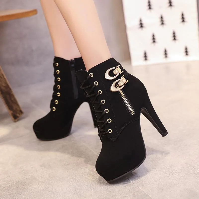 Chicvane Womens Platform Stiletto High Heels Martin Boots Lace Up Zipper Ankle Booties
