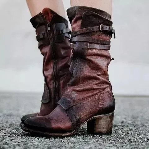 Chicvane Womens PU Round Toe Zipper Closure Strap Buckle Chunky Heel Knee High Boots