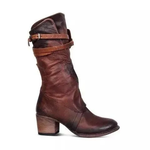 Chicvane Womens PU Round Toe Zipper Closure Strap Buckle Chunky Heel Knee High Boots