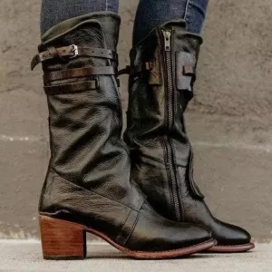 Chicvane Womens PU Round Toe Zipper Closure Strap Buckle Chunky Heel Knee High Boots