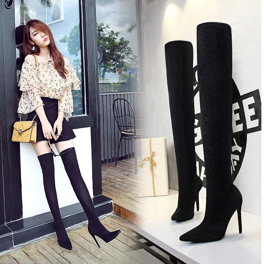 Chicvane Womens Sequin Stretch Pointed Toe Stiletto Heel Over The Knee Boots