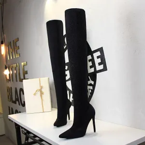 Chicvane Womens Sequin Stretch Pointed Toe Stiletto Heel Over The Knee Boots