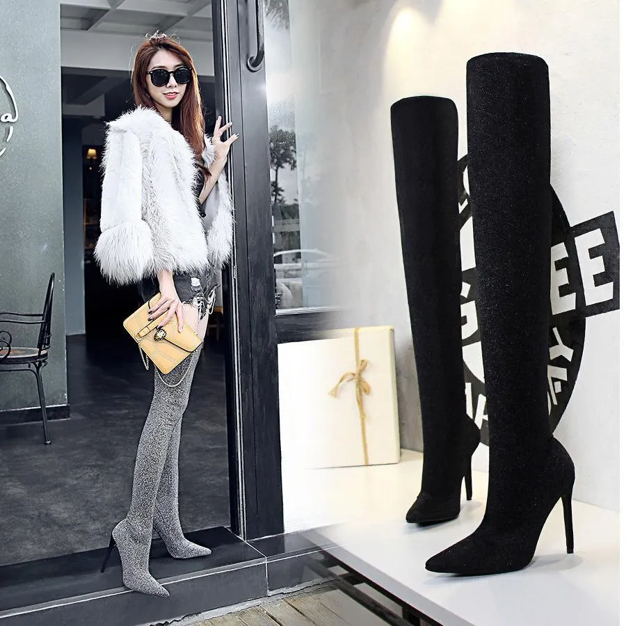 Chicvane Womens Sequin Stretch Pointed Toe Stiletto Heel Over The Knee Boots