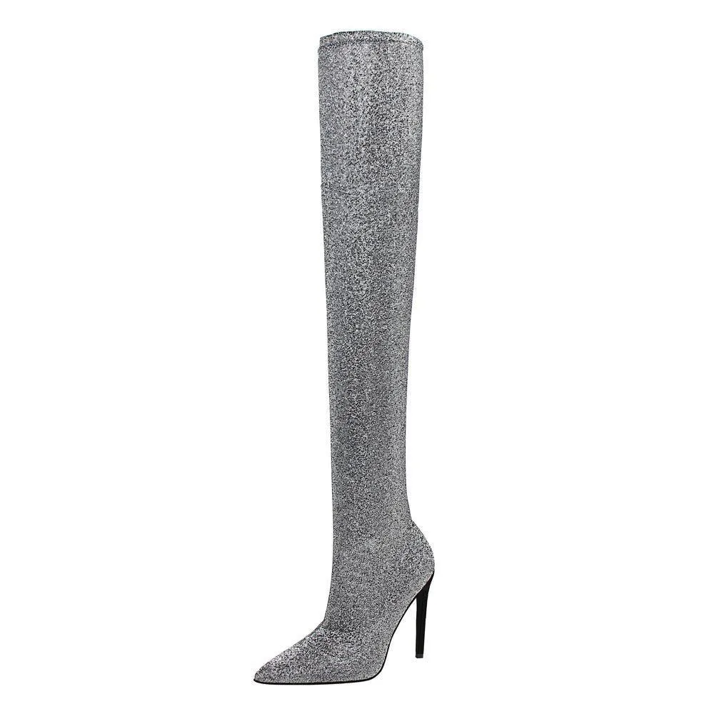Chicvane Womens Sequin Stretch Pointed Toe Stiletto Heel Over The Knee Boots