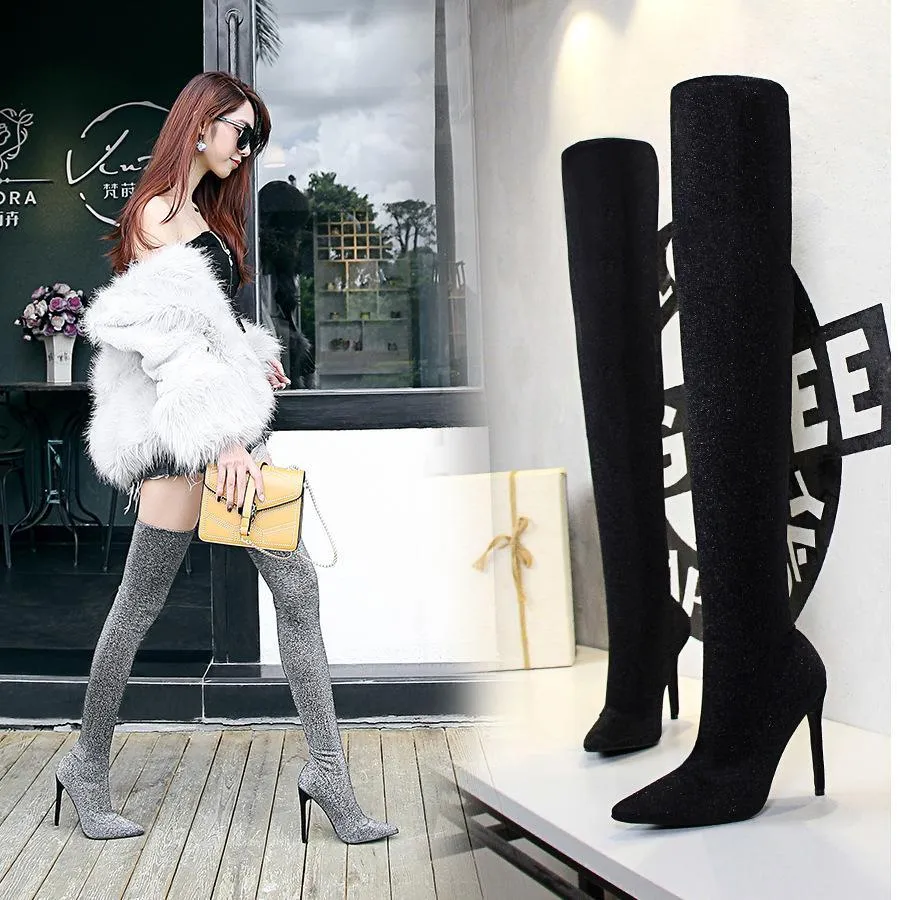 Chicvane Womens Sequin Stretch Pointed Toe Stiletto Heel Over The Knee Boots