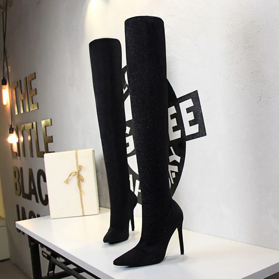 Chicvane Womens Sequin Stretch Pointed Toe Stiletto Heel Over The Knee Boots