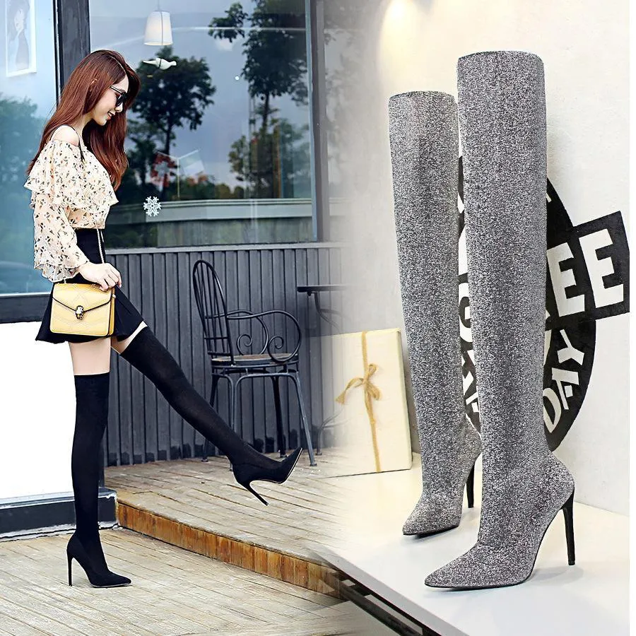 Chicvane Womens Sequin Stretch Pointed Toe Stiletto Heel Over The Knee Boots