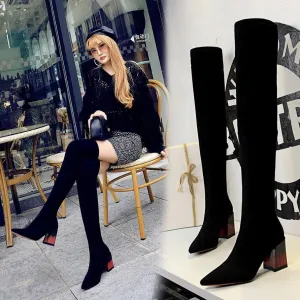 Chicvane Womens Stretch Pointed Toe Chunky Heel Over The Knee Boots
