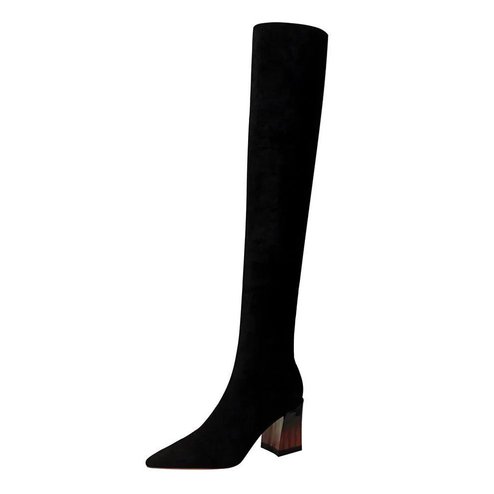 Chicvane Womens Stretch Pointed Toe Chunky Heel Over The Knee Boots