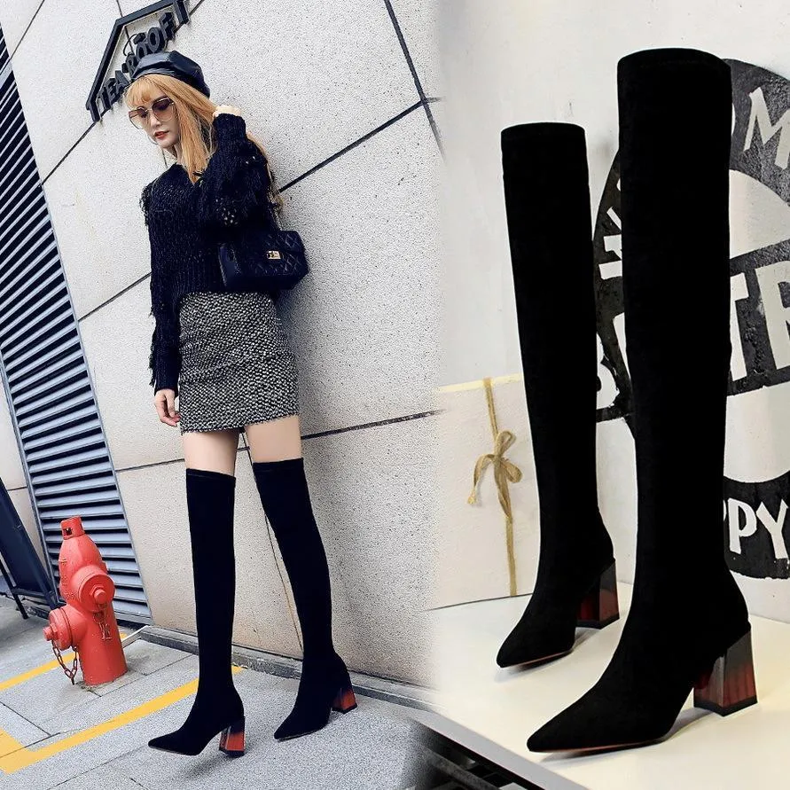 Chicvane Womens Stretch Pointed Toe Chunky Heel Over The Knee Boots