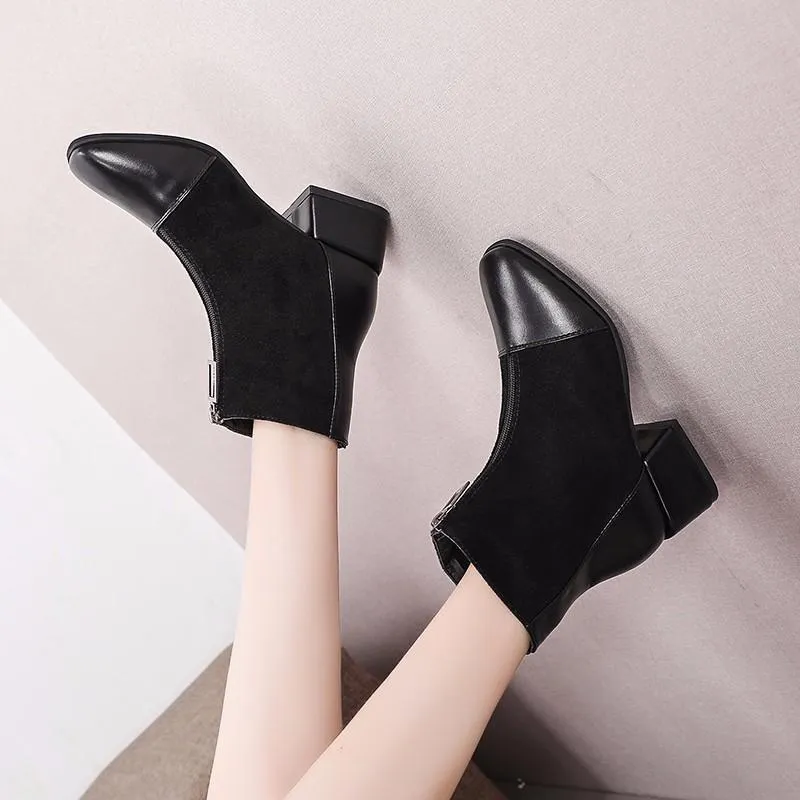 Chicvane Womens Suede Martin Boots Chunky Heels Zipple Closure Ankle Booties