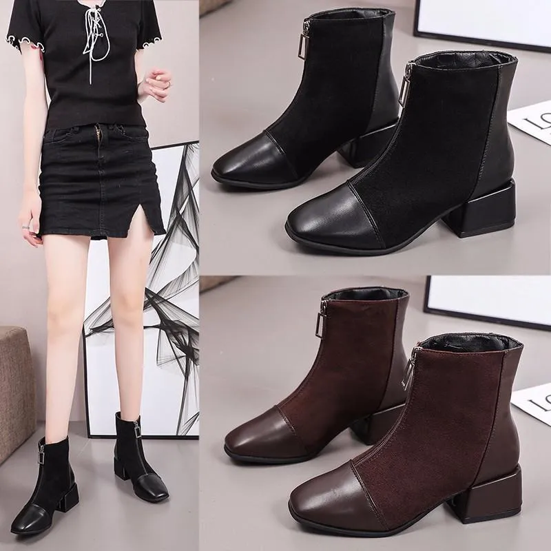 Chicvane Womens Suede Martin Boots Chunky Heels Zipple Closure Ankle Booties