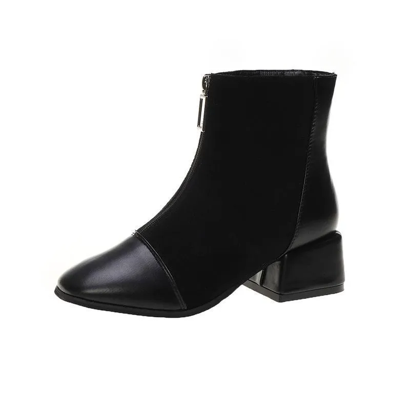 Chicvane Womens Suede Martin Boots Chunky Heels Zipple Closure Ankle Booties