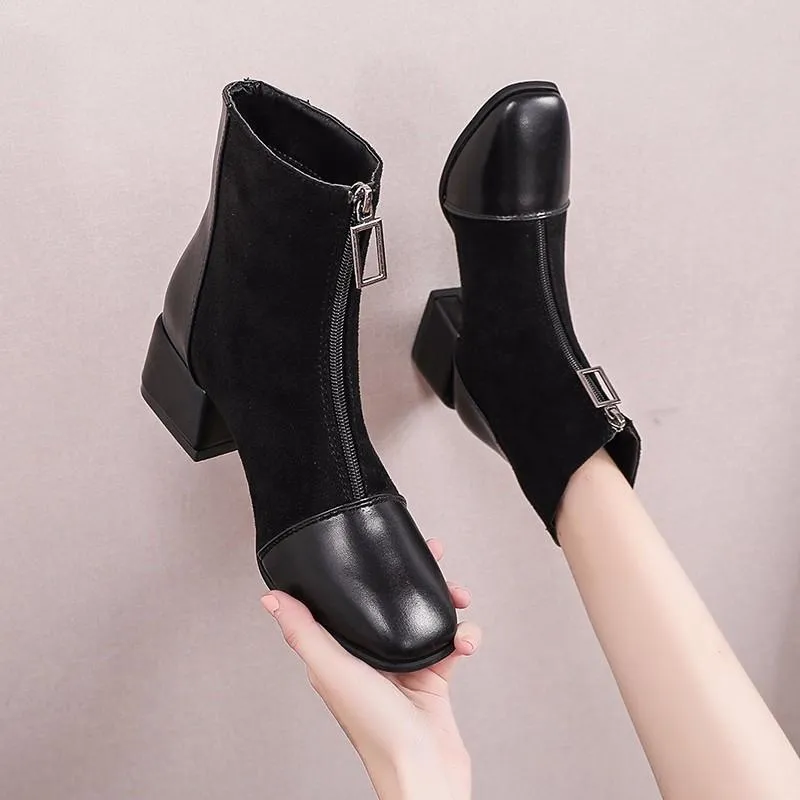 Chicvane Womens Suede Martin Boots Chunky Heels Zipple Closure Ankle Booties