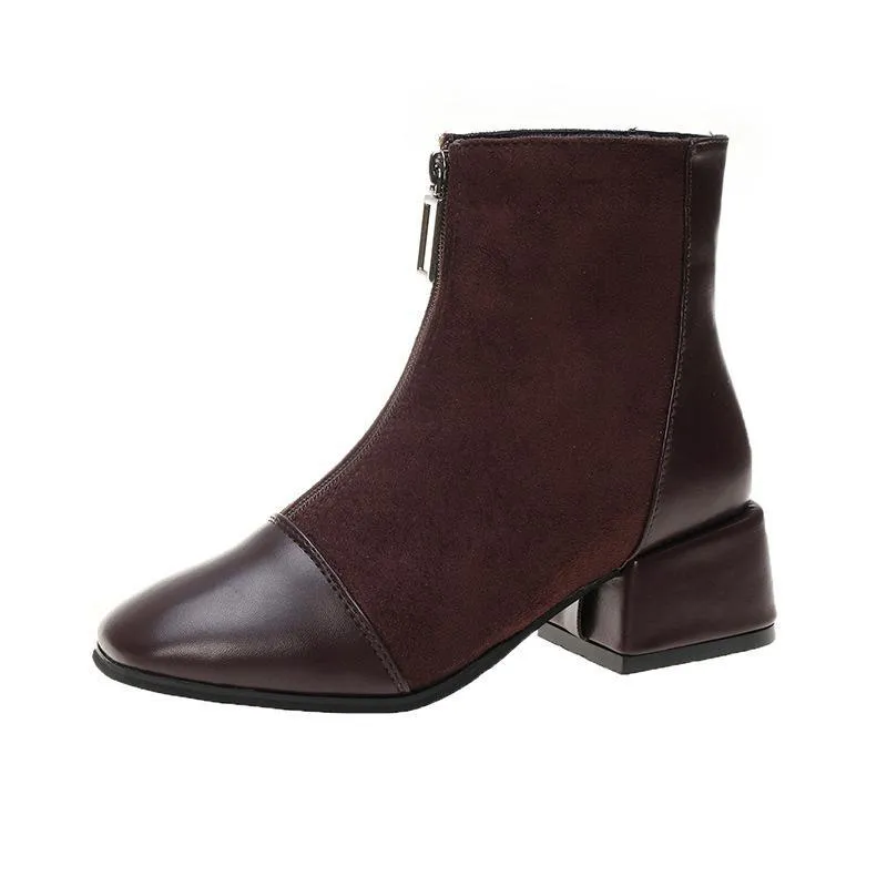 Chicvane Womens Suede Martin Boots Chunky Heels Zipple Closure Ankle Booties