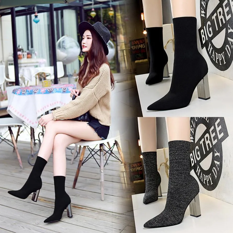 Chicvane Woolen Pointed Toe Metal Chunky Heel Mid Calf Boots For Women