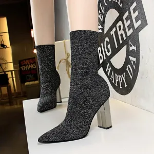 Chicvane Woolen Pointed Toe Metal Chunky Heel Mid Calf Boots For Women