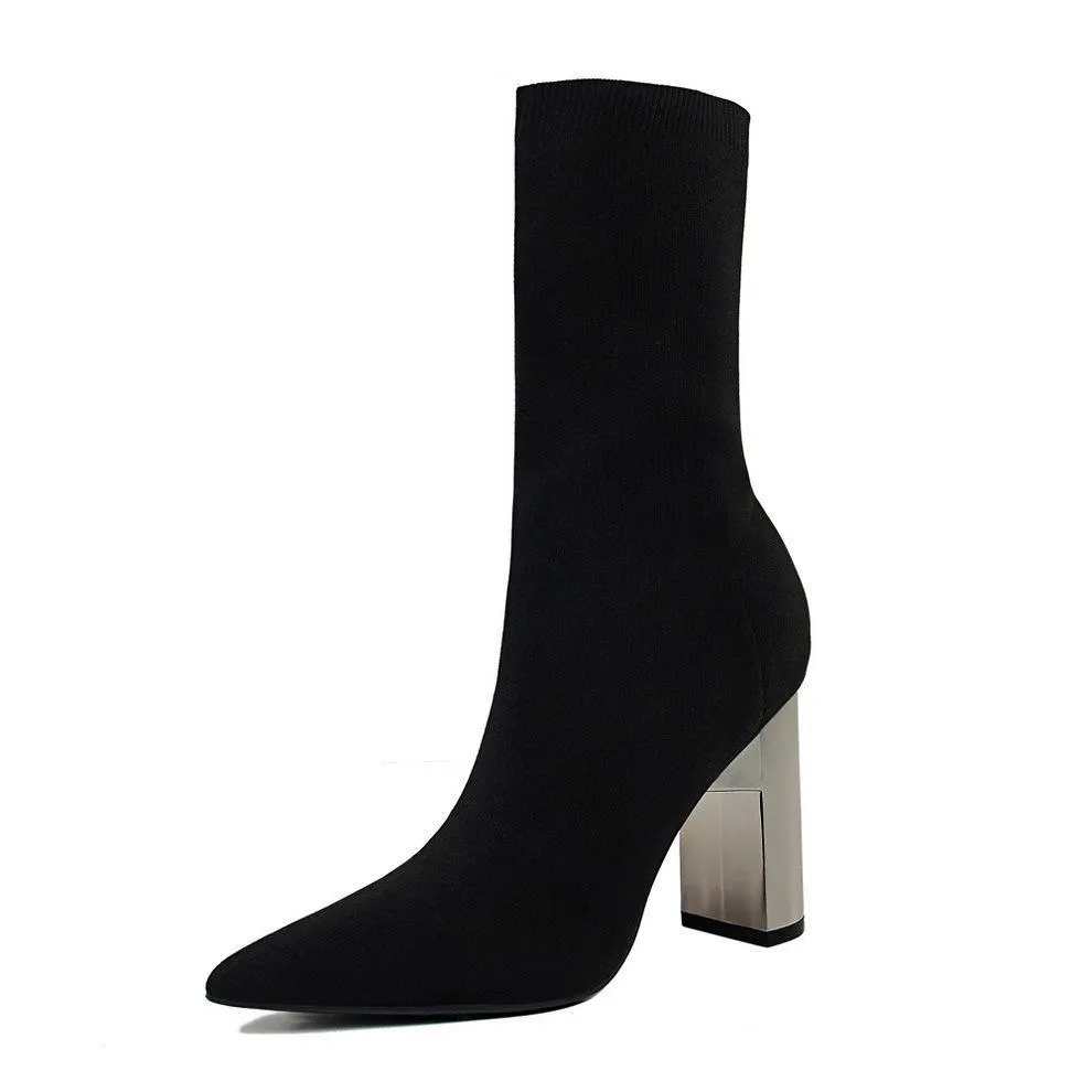 Chicvane Woolen Pointed Toe Metal Chunky Heel Mid Calf Boots For Women