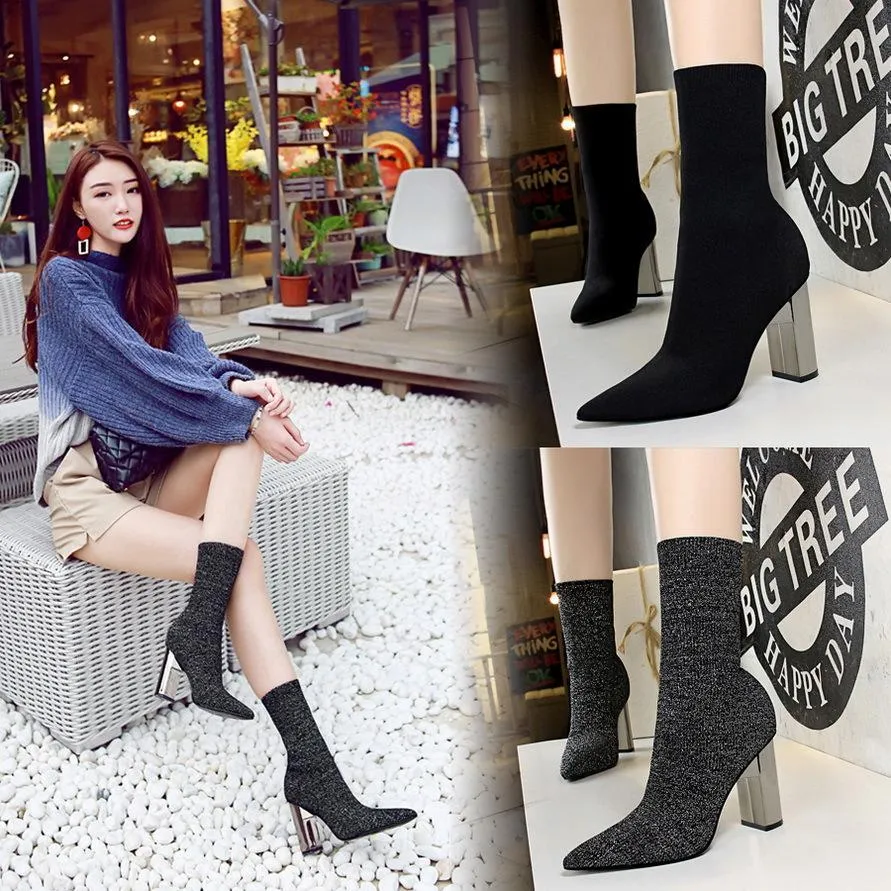 Chicvane Woolen Pointed Toe Metal Chunky Heel Mid Calf Boots For Women