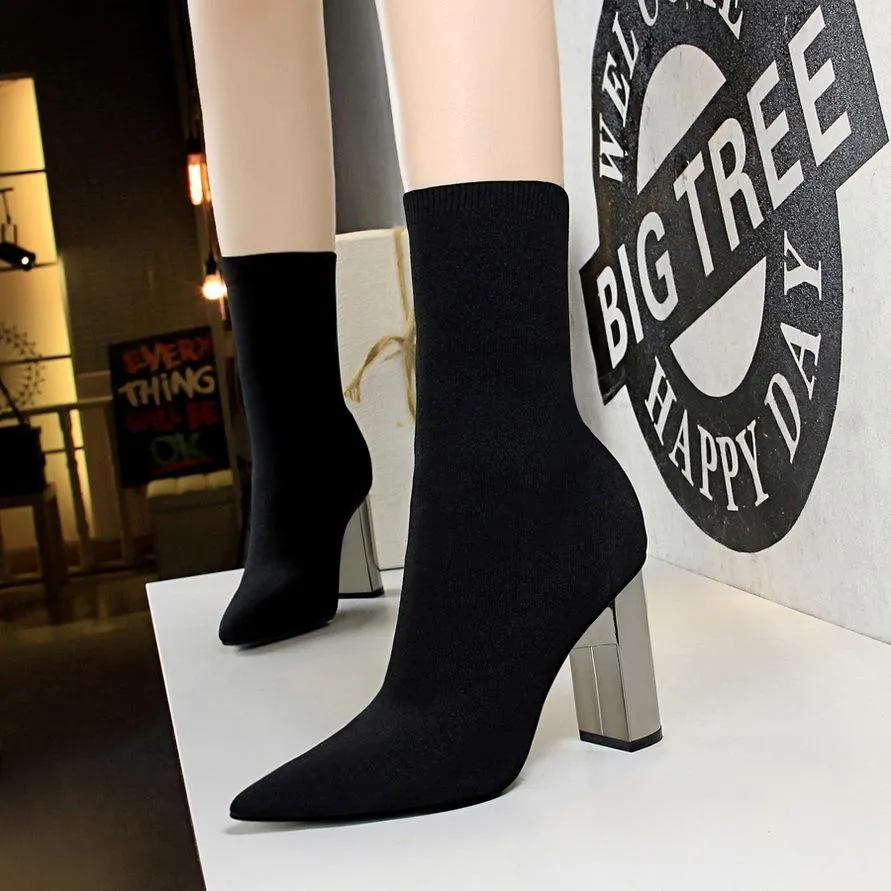 Chicvane Woolen Pointed Toe Metal Chunky Heel Mid Calf Boots For Women